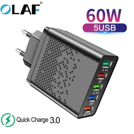 Carregador de 60 W com 5 portas USB 3.1A QC 3.0