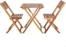 Conjunto de mesa e cadeiras de jardim, dobráveis, madeira acácia, 1 mesa, 2 cadeiras