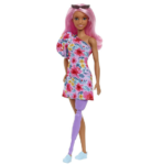 Barbie Fashionista vestido floral um ombro com perna protética boneca com pelo rosa e óculos brinquedo na moda 3 anos (Mattel HBV21) Brinquedos e Jogos