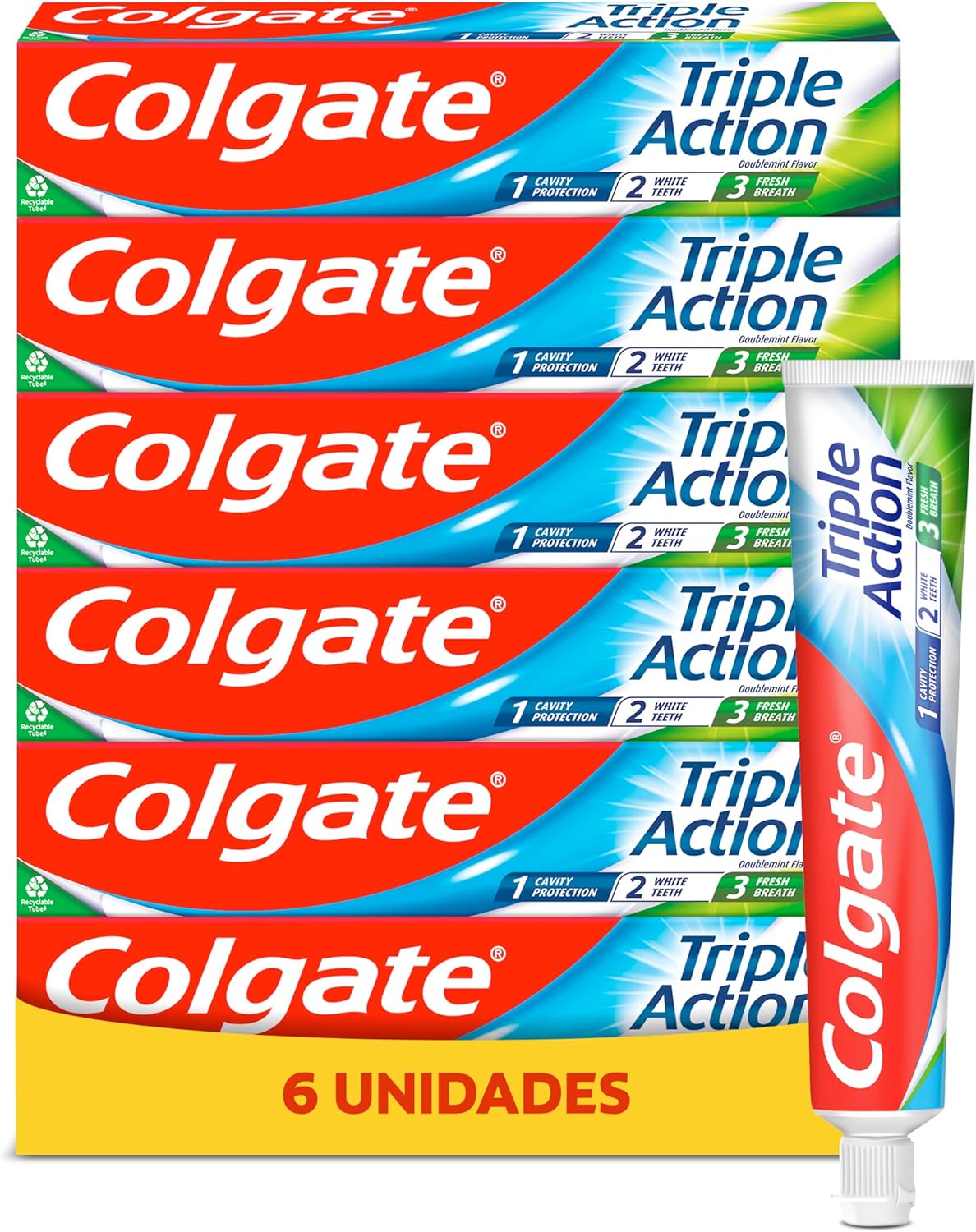 Colgate Ação tripla, pasta de dentes com fluor, proteção anticárie, 6 x 75 ml