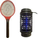 Candeeiro anti-mosquitos elétrico e raquete mata moscas e mosquito