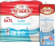 Leite Président meio gordo brik 1 l, embalagem de 6 litros