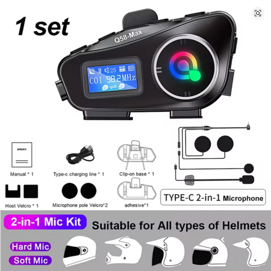 Motorcycle Helmet Intercom Bluetooth 5.3 LCD Display Headset with Music Sharing