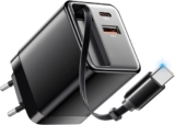 Carregador USB-C de 65 W com cabo retrátil, fonte de alimentação GAN de 3 portas