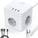 Power Strip Cube 3 soquetes e 3 USB com 1 porta tipo C, 7 em 1, cabo de 1,5 mv