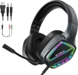 Auriculares gaming RGB com cabo USB/3,5 mm, compatível com PC, Xbox, PS4, PS5, Switch