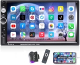 Car Estéreo 2 DIN ecrã 7″ tátil leitor MP5 rádio FM iOS/Android função de mirror, Bluetooth, AUX/Dual USB/SD + controlo para volante
