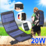 Painel solar 5V, 20W dobrável, impermeável, Battery Charger, Acessórios Camping