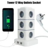 Torre de 12 Soquetes Cabo Alimentação 2.8m 4 Portas USB, 220V 10A